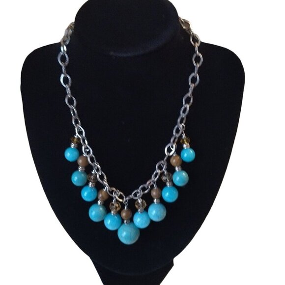 Jewelry - CHUNKY BEADED FAUX TURQUOISE FACETED PRINCESS NECKLACE SILVER TONE CHAIN J10